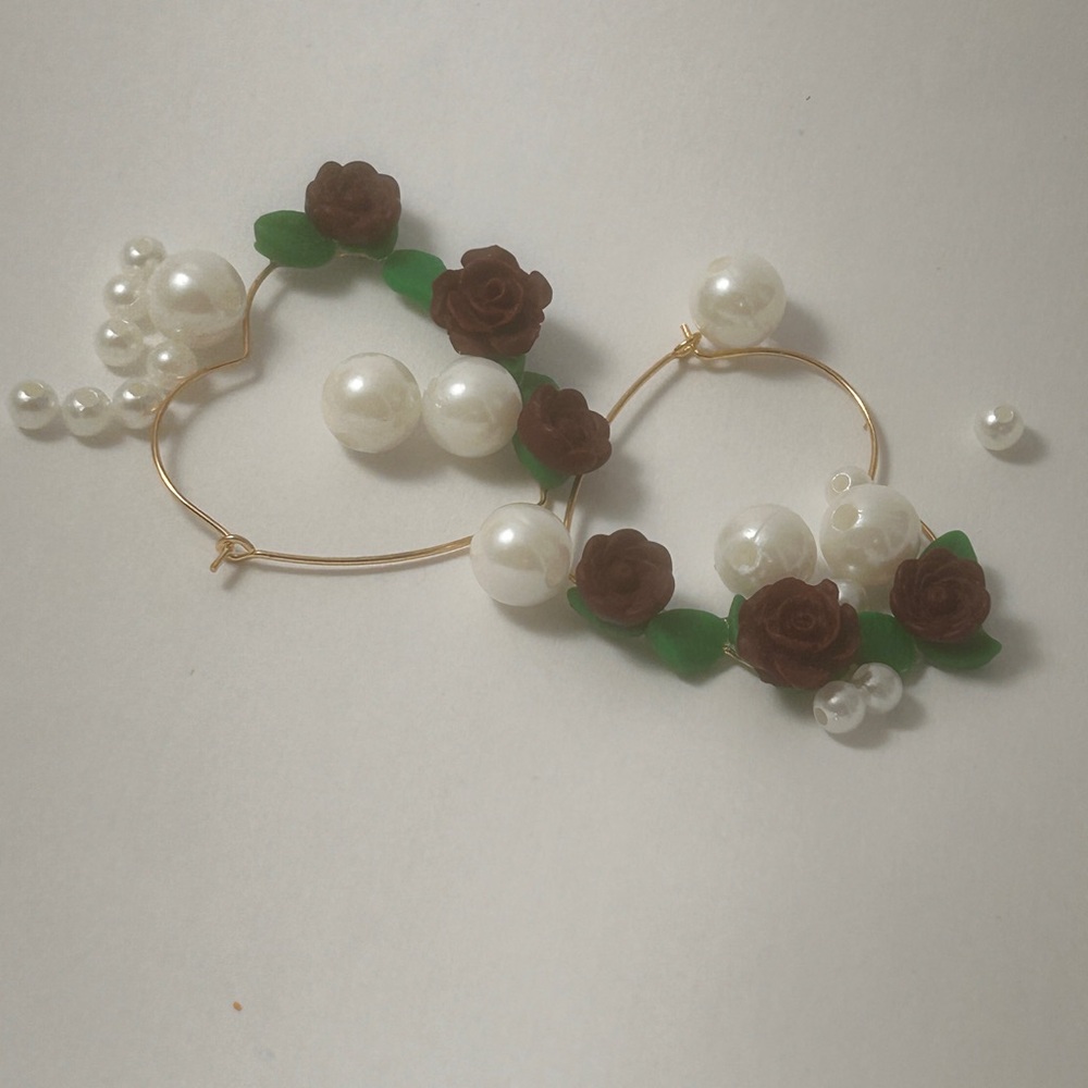 Elegant Pearl and Rose Hoop Earrings
